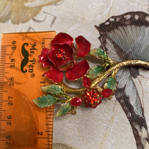 Vintage Made in Austria enamel rhinestone red flower brooch- 2 1/2” x 1 1/2” - Picture 11 of 11